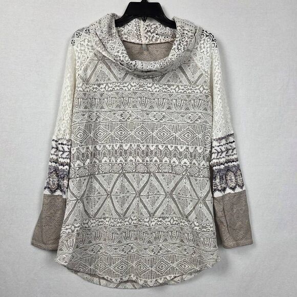 Vanity M Lace Mixed Knit Hoodie Cowl Neck Boho Top - Picture 1 of 8